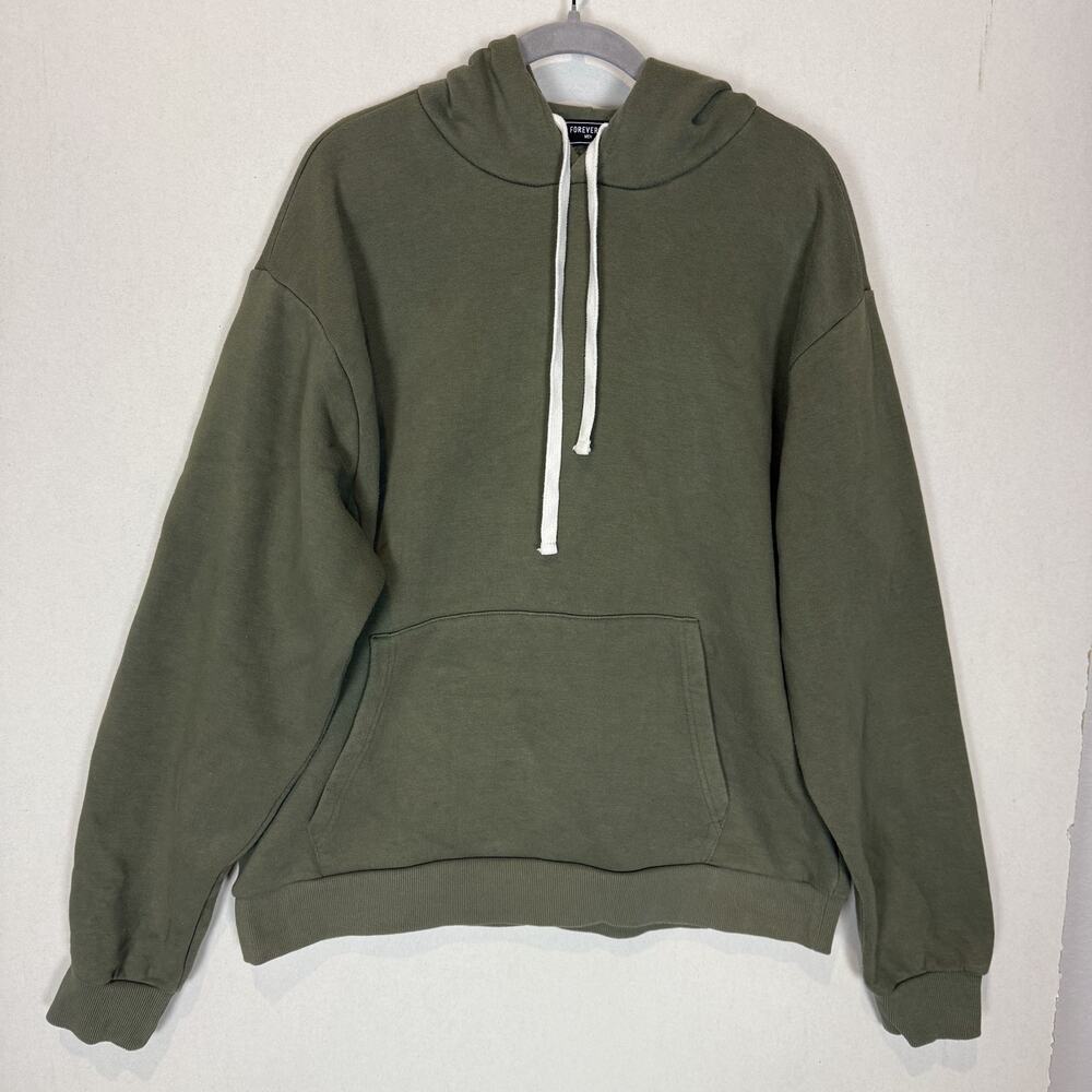 Forever 21 Hoodie Mens Olive Cotton Fleece‎ Lined Drawstring Kangaroo Pockets